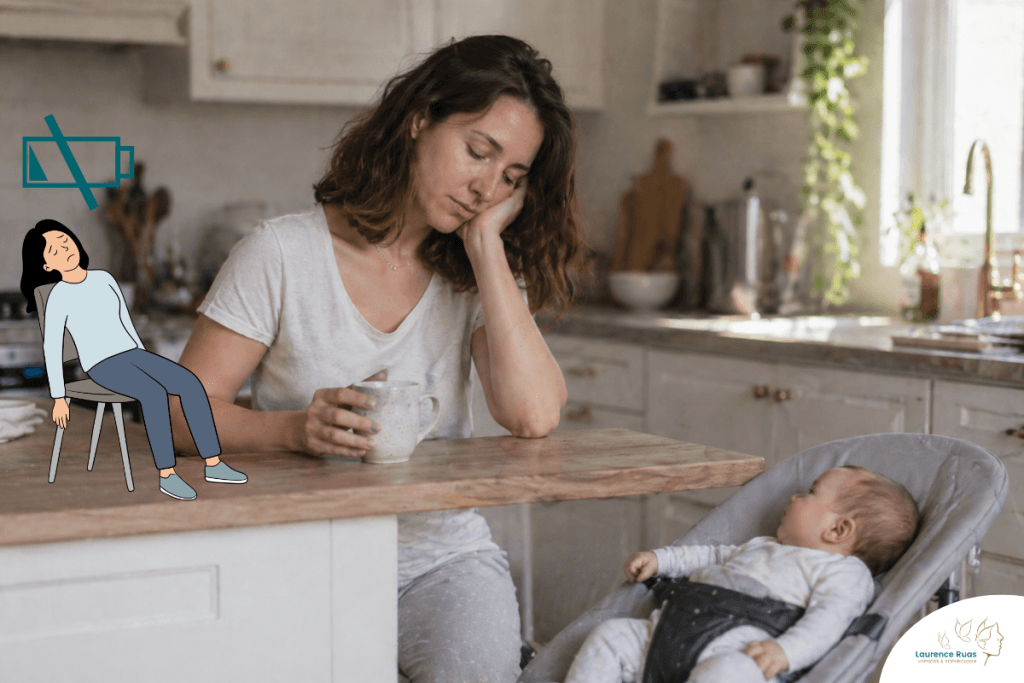 jeune maman épuisée dans sa cuisine avec son enfant