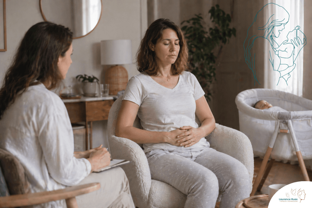 jeune maman en séance de sophrologie pour apaiser l'épuisement maternel